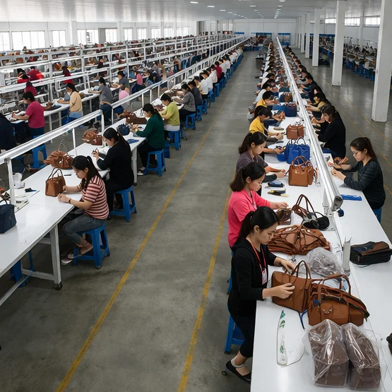 Factory Production showing workers assembling handbags